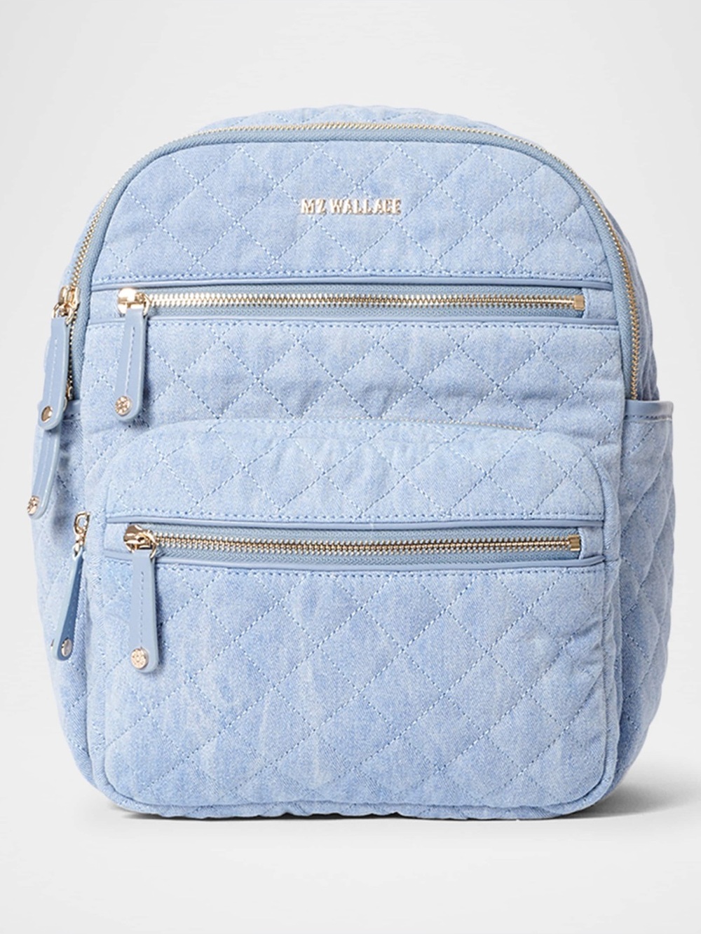 MZ Wallace Small Crosby Backpack in “True Light Denim” with Gold Hardware